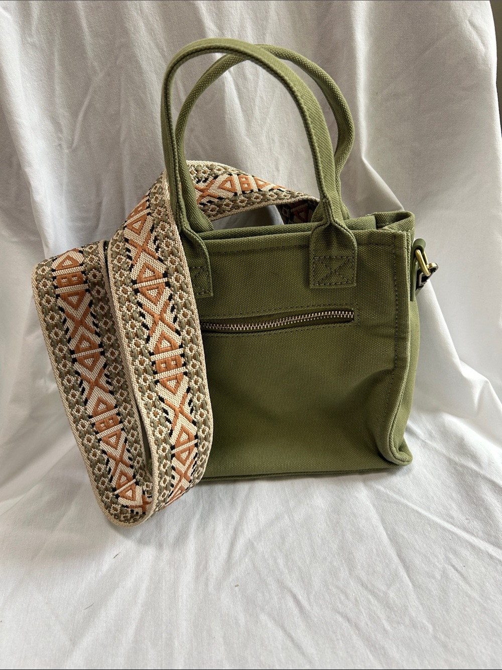 Olive Canvas mini Tote Bag with Patterned Strap